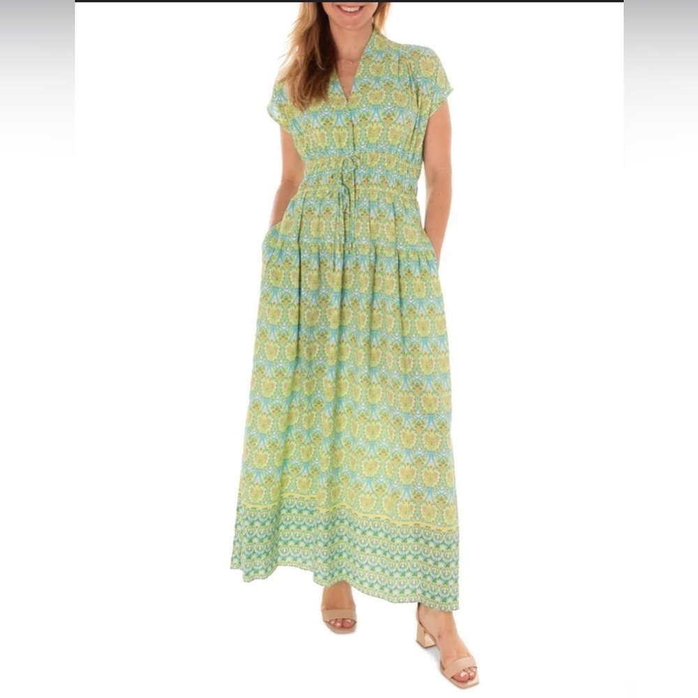 Maison Tara Women's Printed Cap-Sleeve Shirred-Waist Crepe Maxi Dress 12